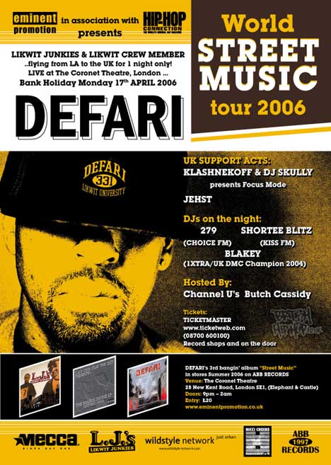 Defari Live In London, Bank Holiday Monday 17th of April at the Coronet Theatre, London in Elephant & Castle